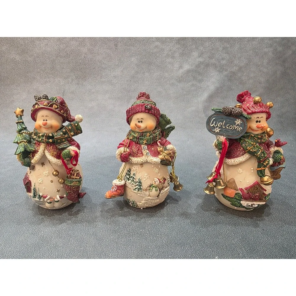 Set of 3 Glittery Snowman Figurines Red Green Holiday Decor 5 Inch